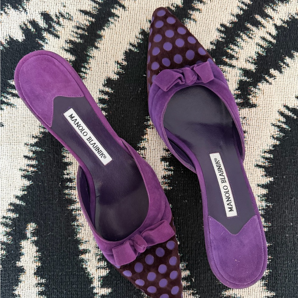 Manolo Blahnik Purple Polka Dot Mules